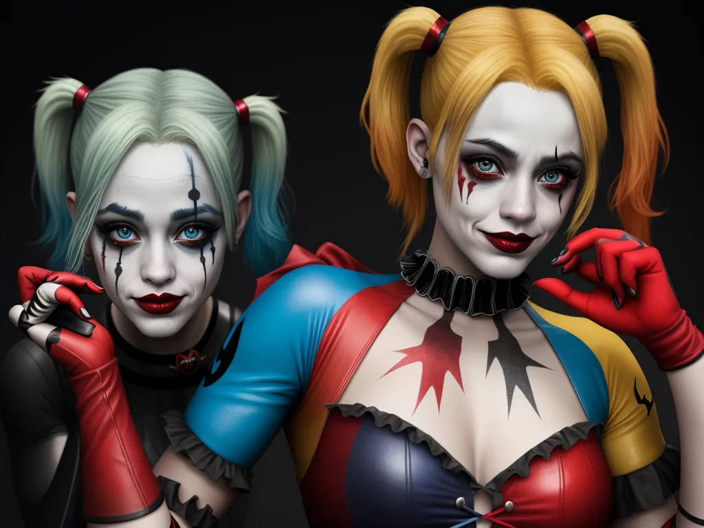increase image size - two women dressed in costumes with makeup and hair painted to look like harley and harley's harley harley, by Hendrick Goudt