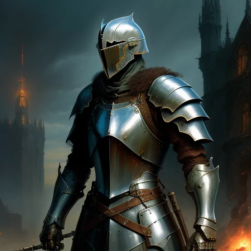 a knight in a full armor standing in front of a castle with flames in the air and a castle in the background, by Antonio J. Manzanedo