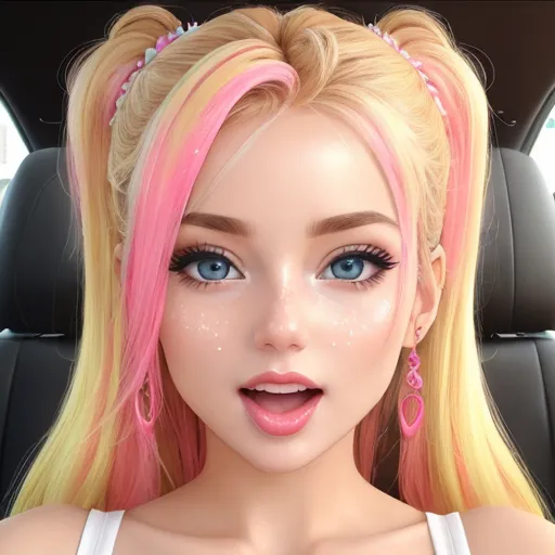 free high resolution images - a blonde doll with pink hair and blue eyes in a car seat with a pink bow in her hair, by Sailor Moon