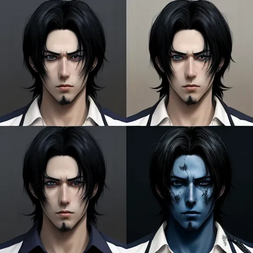 photo coverter - four different angles of a man with blue makeup and black hair, with different facial expressions, with a white shirt and black hair, by Terada Katsuya