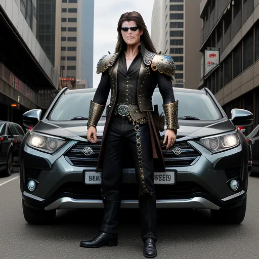 hdphoto - a man in a black suit standing next to a car in a city street with tall buildings in the background, by Kent Monkman