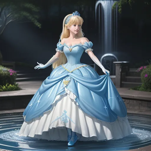 a woman in a blue and white dress standing in a fountain with a waterfall behind her and a fountain behind her, by Toei Animations