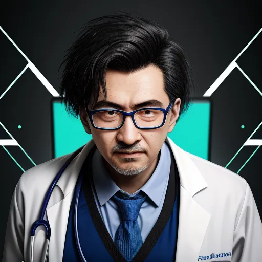 best ai photo editor - a man with a stethoscope on his neck and glasses on his face, wearing a white coat and blue tie, by Terada Katsuya