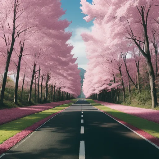 best ai text to image generator - a road with trees lined with pink flowers and a blue sky with clouds in the background and a line of trees with pink flowers, by Filip Hodas