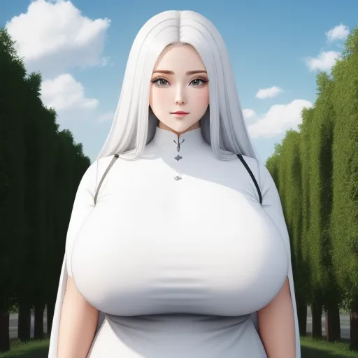 ai text to image generator - a woman with white hair and a white dress in a park with trees and grass, with a sky background, by Studio Ghibli