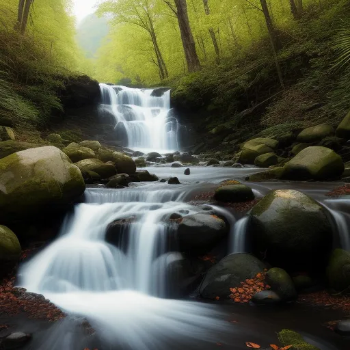 a waterfall in a forest with rocks and trees around it and a stream running through the middle of the forest, by Arthur Quartley