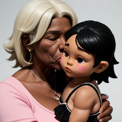 make image higher resolution - a woman holding a doll with a doll on her shoulder and a doll on her shoulder with a doll on her shoulder, by Mickalene Thomas