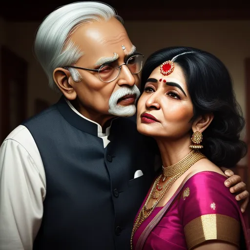 increase resolution of image - a painting of a man and woman in indian attire kissing each other with a white beard and mustache on, by Bhupen Khakhar