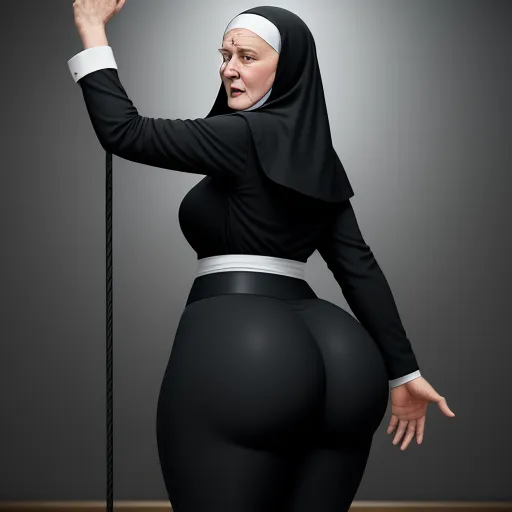 a woman in a nun costume holding a pole and wearing a nun outfit with a nun outfit on it, by David LaChapelle