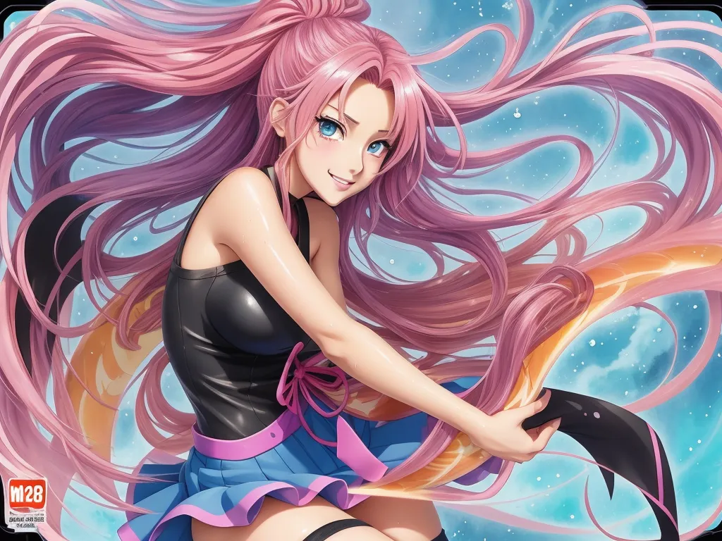 ai image maker - a girl with pink hair and a black top is sitting on a blue background with a pink tail and a black top, by Hanabusa Itchō