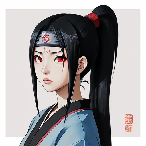 free high resolution images - a woman with long black hair and red eyes wearing a blue outfit with a red and white headband, by Eishōsai Chōki