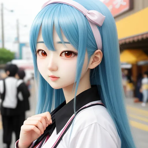 low quality images - a girl with blue hair and a bow in her hair is standing on a street corner with people in the background, by Terada Katsuya