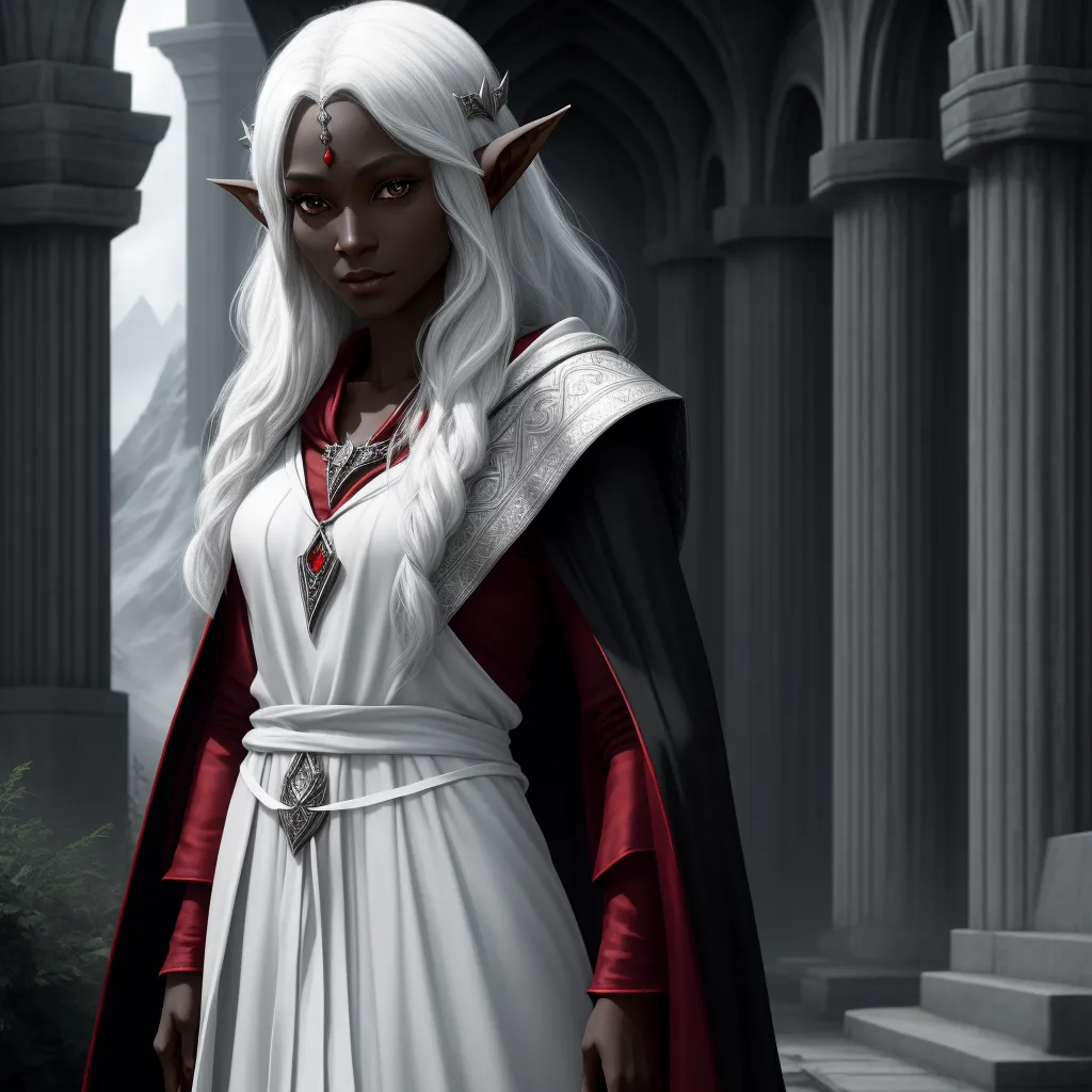 ai created images - a woman dressed in a white and red outfit with horns and a white cloak and cape stands in a dark, gothic - like setting, by Tom Bagshaw