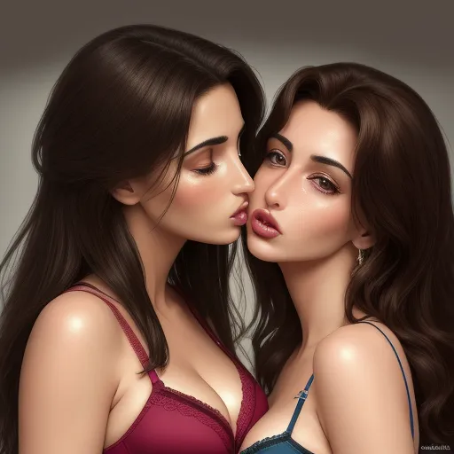 two women in lingerie kissing each other with their noses close together, with a gray background and a gray backdrop, by Lois van Baarle