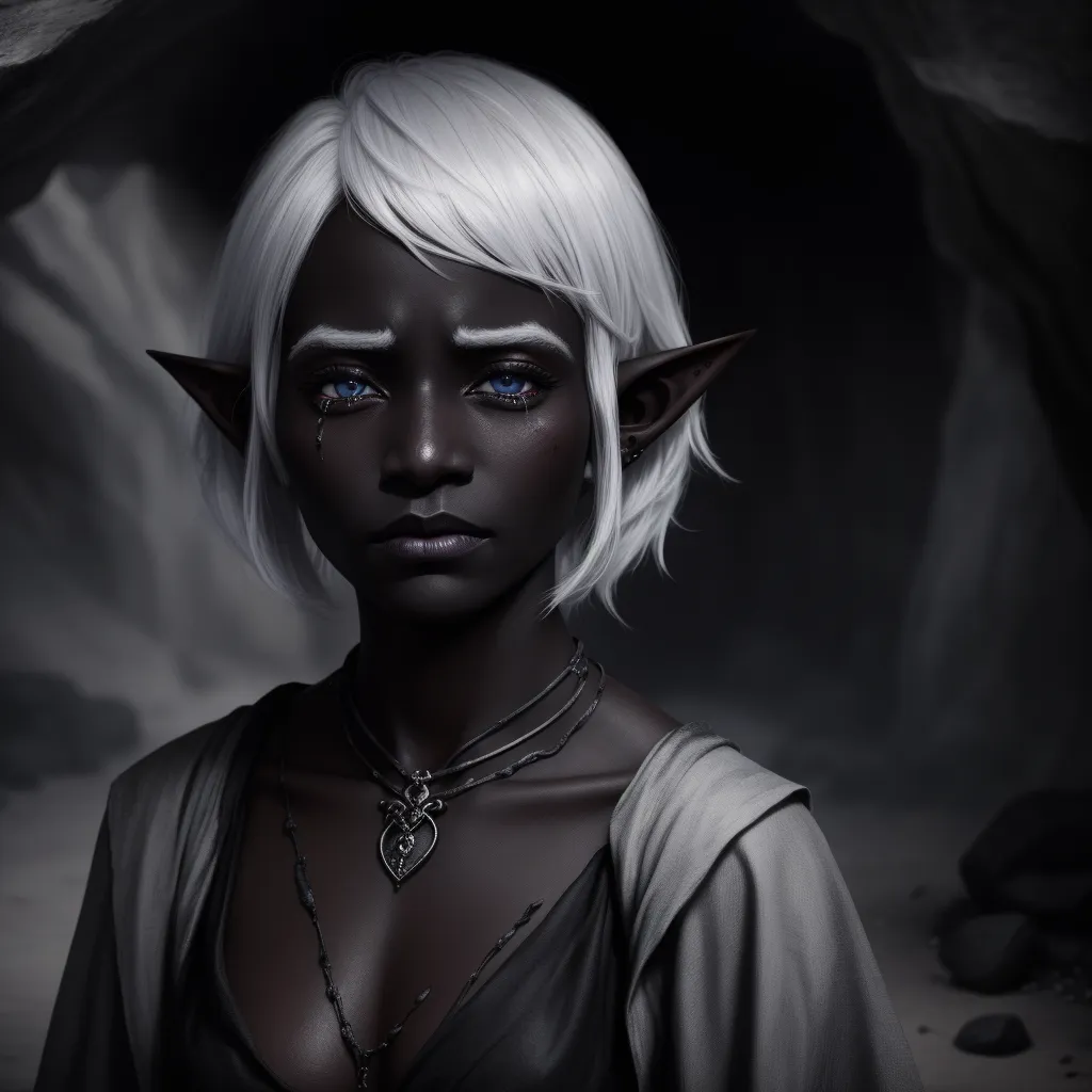 a woman with white hair and blue eyes wearing a necklace and necklace with a white hair and blue eyes, by Daniela Uhlig