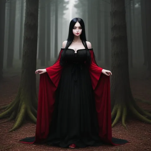 a woman in a black and red dress standing in a forest with trees and foggy sky in the background, by Bella Kotak