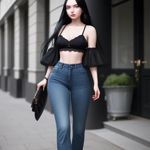 turn picture online - a woman in a black bra top and jeans walking down a street with a purse in her hand and a purse in her other hand, by Sailor Moon