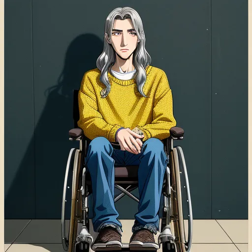 a man in a wheelchair with a yellow sweater on sitting in front of a wall with a shadow of himself, by Hiromu Arakawa