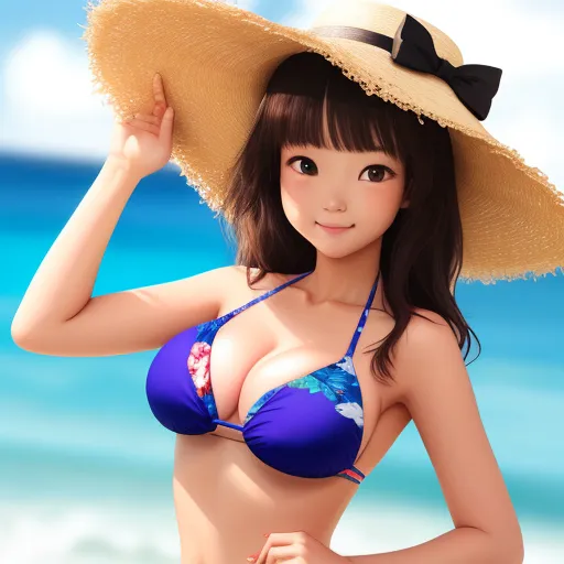 ai image generator names - a woman in a bikini and hat on the beach with a blue sky in the background and a blue sky in the foreground, by Terada Katsuya