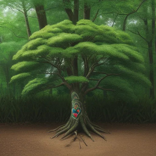 a painting of a tree with a colorful bird on it's back and a forest in the background, by Hayao Miyazaki