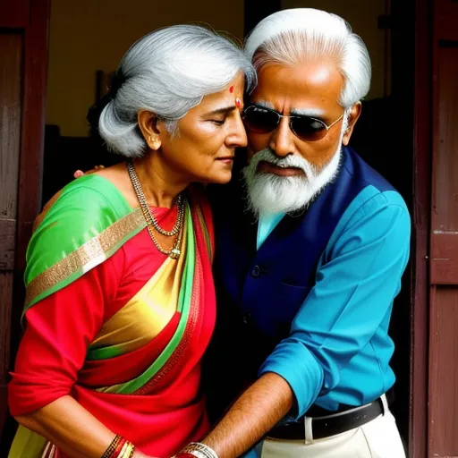 generate photo from text - a man and woman are hugging each other outside of a building with a door in the background and a red door behind them, by Bhupen Khakhar