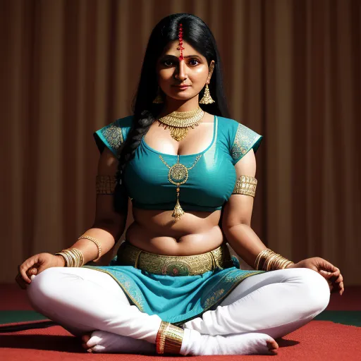 a woman in a blue outfit sitting in a lotus position on a red carpet with her hands in her pockets, by Raja Ravi Varma