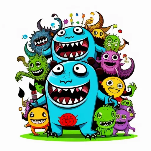 ai your photos - a group of monsters with their mouths open and teeth wide open, all in different colors and sizes, all standing in a circle, by Genndy Tartakovsky