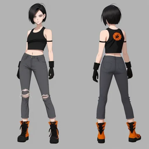 a woman in a black top and grey pants with orange boots and a black top with a flower on it, by theCHAMBA