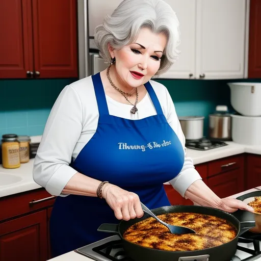 ai image generator from text free - a woman in an apron is cooking a meal on a stove top oven with a spatula in her hand, by Botero