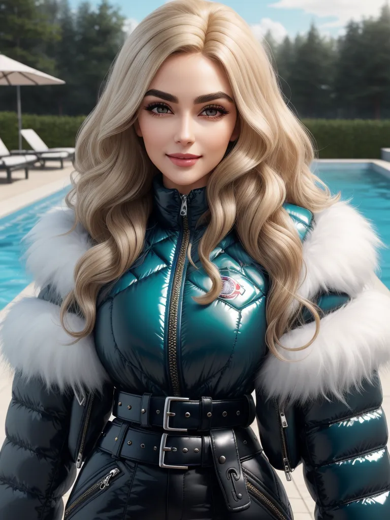 nsfw ai image generator - a woman in a blue jacket standing next to a pool with a white fur collar and black pants and a white collar, by Edmond Xavier Kapp