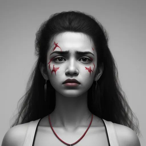 a woman with makeup painted to look like a demon with blood on her face and a necklace on her neck, by Daniela Uhlig