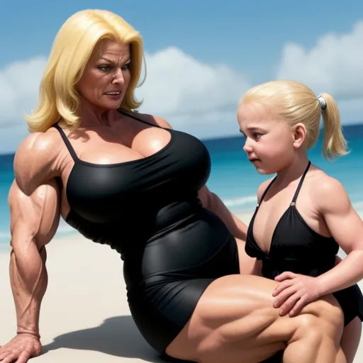 a woman and a child are on the beach posing for a picture together, with the woman in a black bathing suit, by David LaChapelle