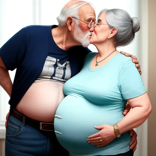 ai generator image - a pregnant woman kissing a man's belly with a blue shirt on and a blue shirt on his chest, by Adam Martinakis