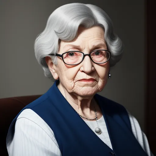 ai image generator from text free - an older woman wearing glasses and a blue vest is sitting in a chair and looking at the camera with a serious look on her face, by Alec Soth