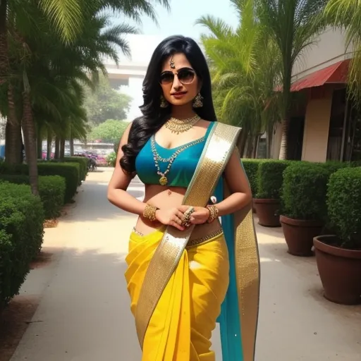 text to ai generated image - a woman in a yellow and blue sari with a blue blouse and gold jewelry on her chest and a blue and gold sari, by Raja Ravi Varma