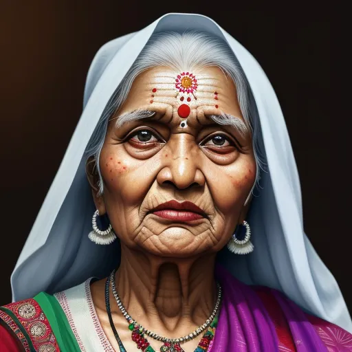 increase the resolution of an image - an old woman with a head piece and a necklace on her head, wearing a colorful outfit and a necklace, by Chuck Close