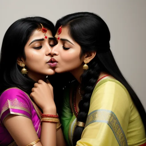4k quality converter photo - two women kissing each other with their hands on their cheeks and their faces covered with makeup and jewelry,, by Raja Ravi Varma