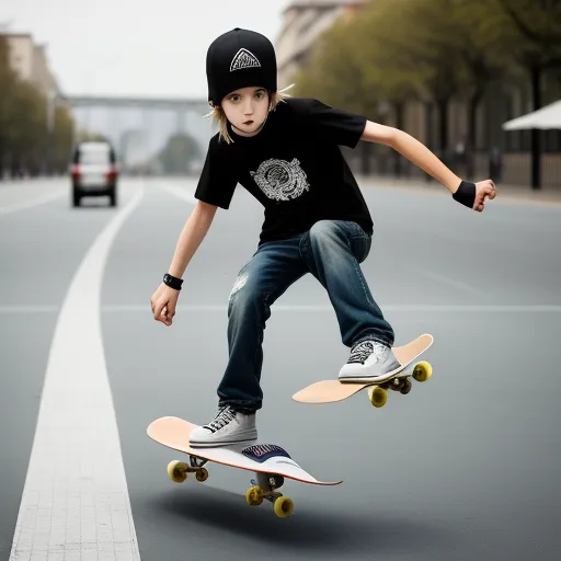 ai image enlarger - a young boy is doing a trick on a skateboard on the street with a car in the background, by Filip Hodas