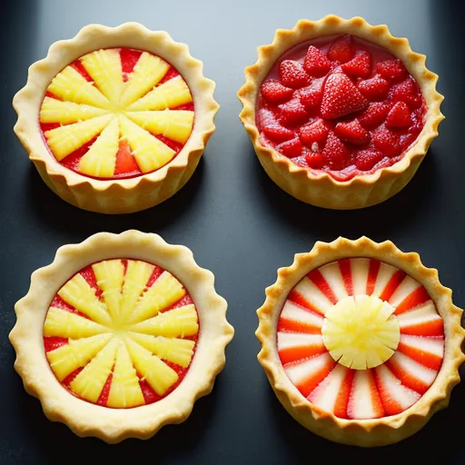 ai image enlarger - four pies with fruit in them on a table top with a black background and a blue surface with a white and red design, by Taiyō Matsumoto