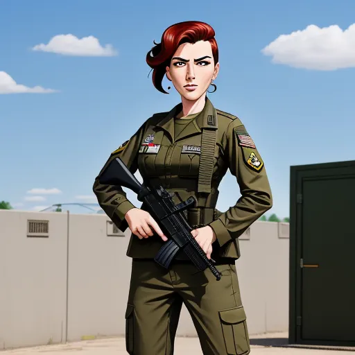 a woman in a military uniform holding a rifle and a gun in her hand, standing on a concrete surface, by Hanna-Barbera