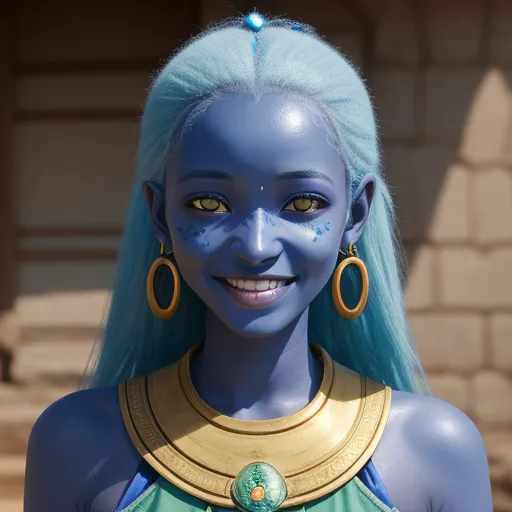a woman with blue hair and a blue dress with gold hoop earrings and a blue wig with a blue face, by Toei Animations