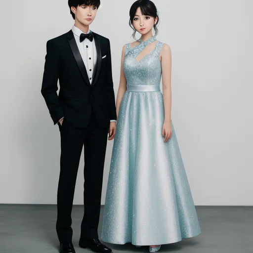 a man and a woman in formal wear posing for a picture together in formal wear and tuxedo, by teamLab