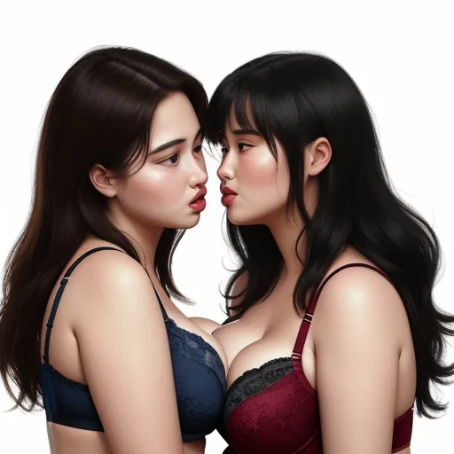 convert image to text ai - two women in lingerie with one kissing the other's cheek while the other is wearing a bra, by Chen Daofu