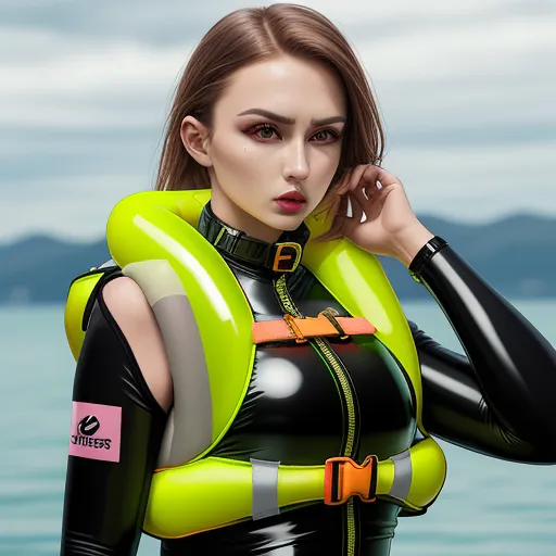 ai image generator names - a woman in a body suit is posing for a picture by the water with a cell phone in her hand, by Terada Katsuya