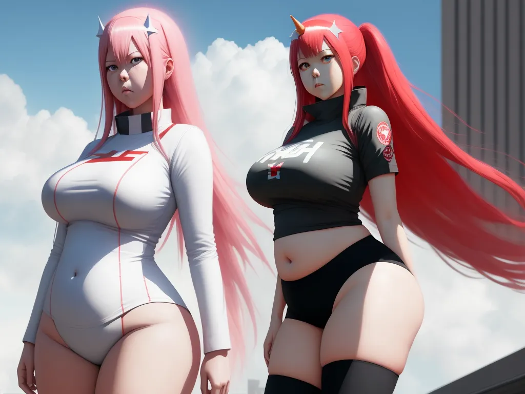 free online upscaler - two anime girls with long pink hair and black underwear standing next to each other in front of a cloudy sky, by theCHAMBA