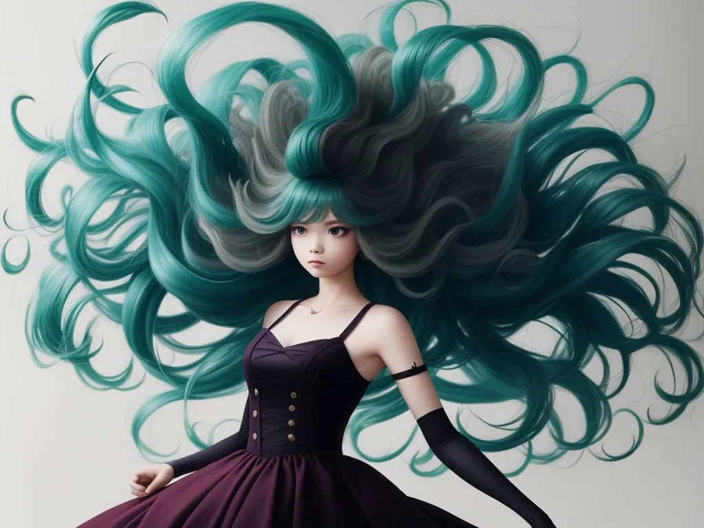 ai image generator text - a woman with green hair and black gloves on her head is standing in front of a white background with a large green hair, by Leiji Matsumoto