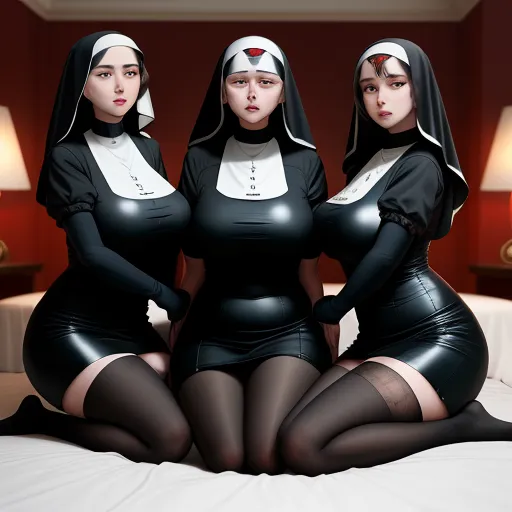 three women dressed in nun costumes sitting on a bed together, with a lamp on the side of the bed, by Terada Katsuya