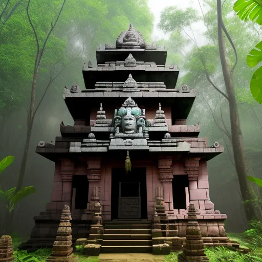 free high resolution images - a temple in the middle of a forest with a statue on the front of it and a few steps leading up to it, by Filip Hodas