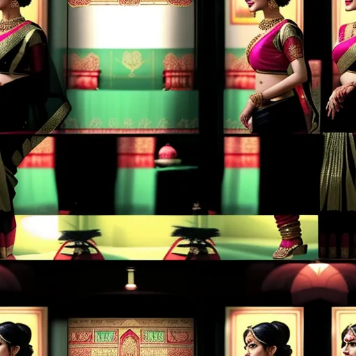 text to image generator ai - a woman in a sari poses for a picture in a photo studio with a green background and a red and gold wall, by Raja Ravi Varma