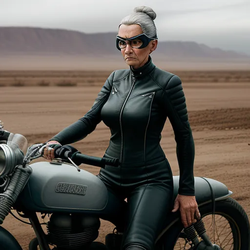 high resolution image - a woman in a wet suit sitting on a motorcycle in the desert with mountains in the background and a cloudy sky, by Jamie Baldridge